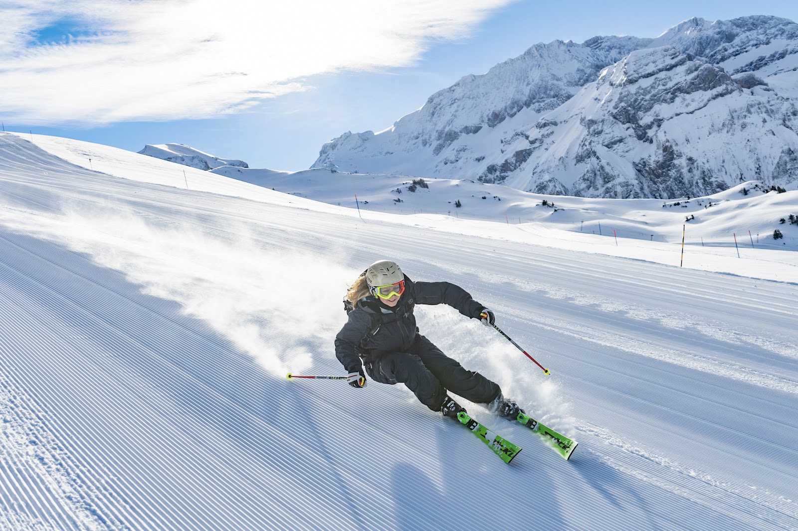 Chalets and snow covered peaks around Adelboden village