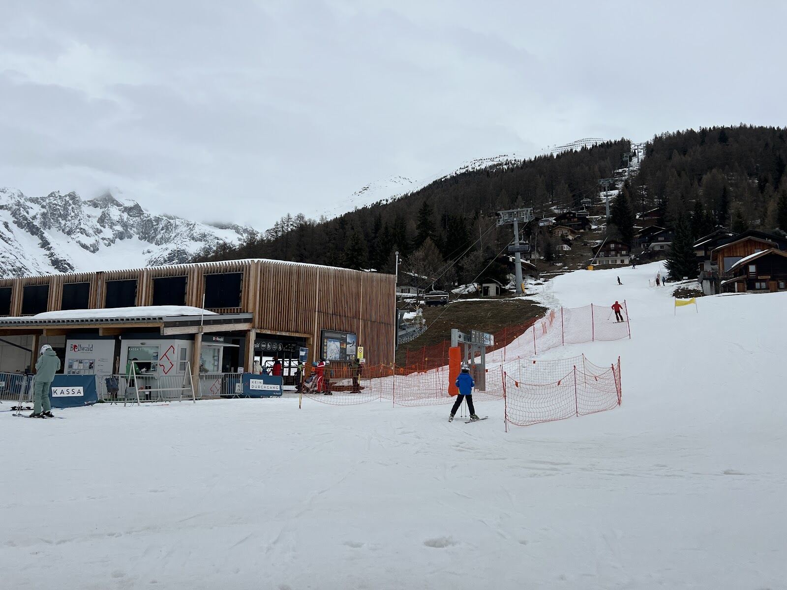 Wide empty pistes above Bellwald with views down the Goms valley