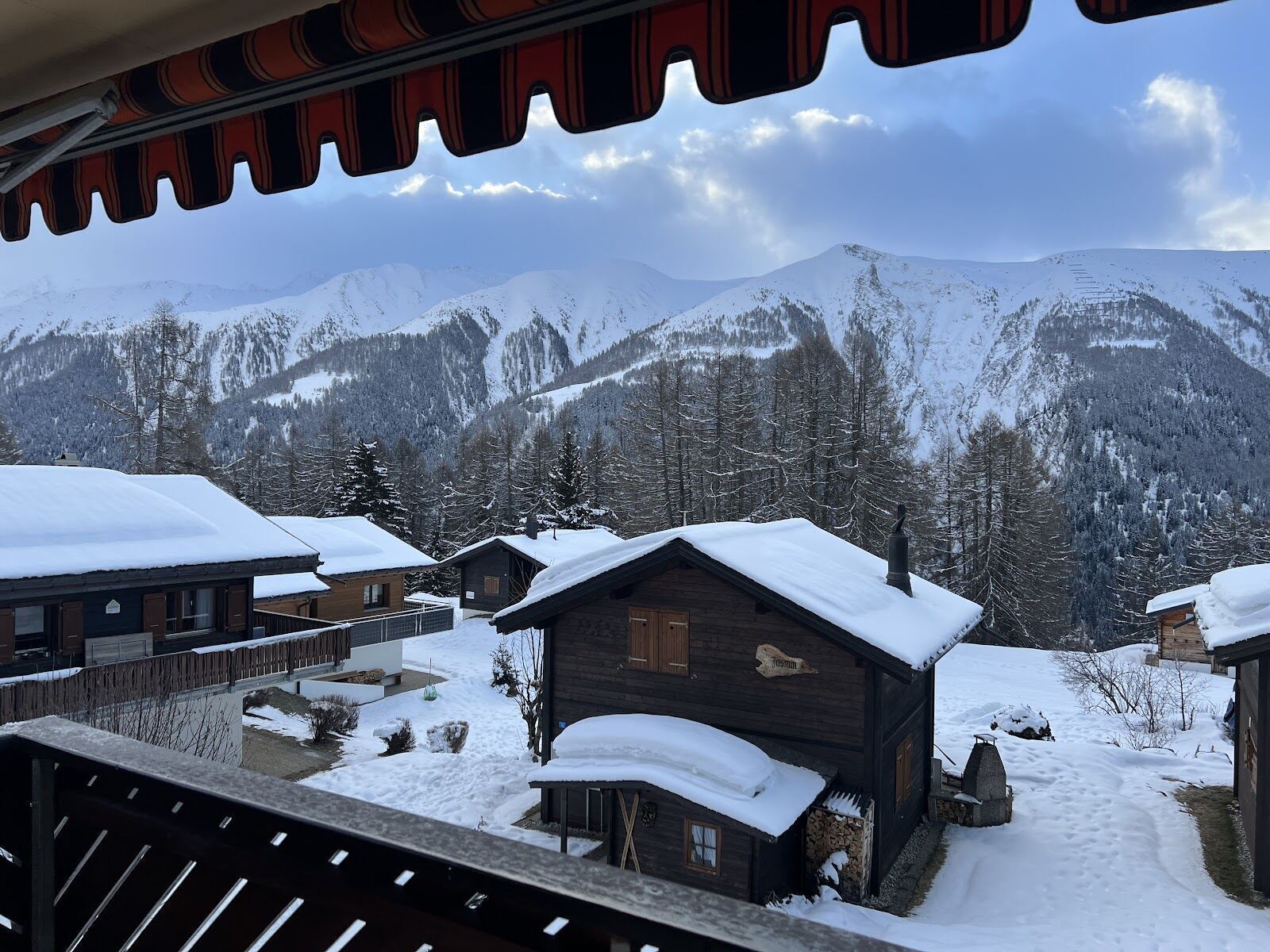 Winter view across the Goms valley from the Bellwald sun terrace
