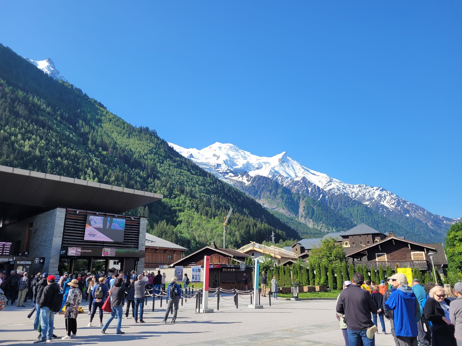 The mountain town of Chamonix under snow beneath Mont Blanc and the Aiguille du Midi