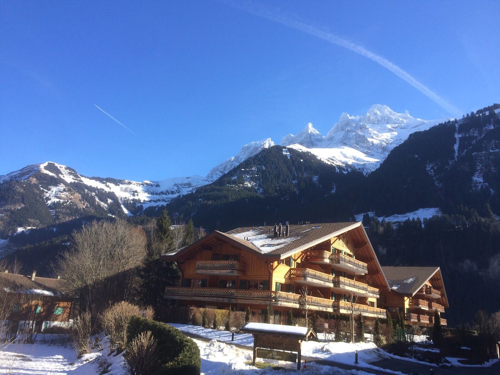 View of the Dents du Midi peaks above the Champery valley