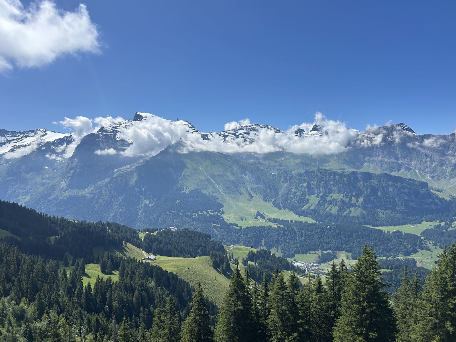 A cable car climbing toward the Titlis glacier above Engelberg