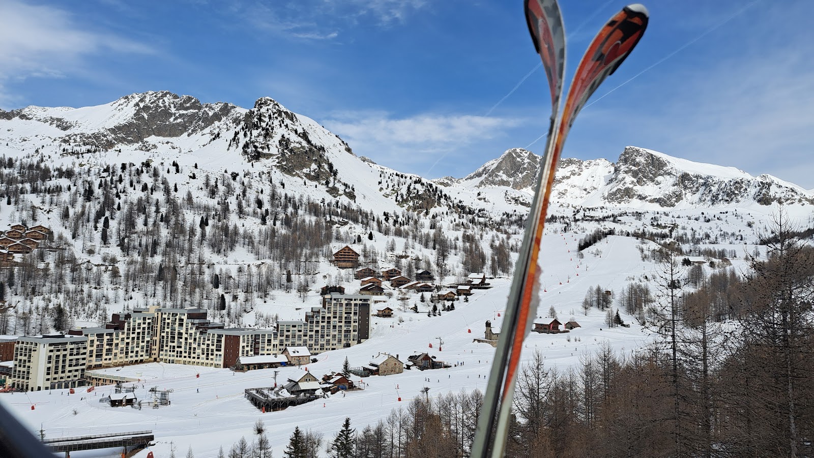 Purpose built apartment buildings and slopes at Isola 2000