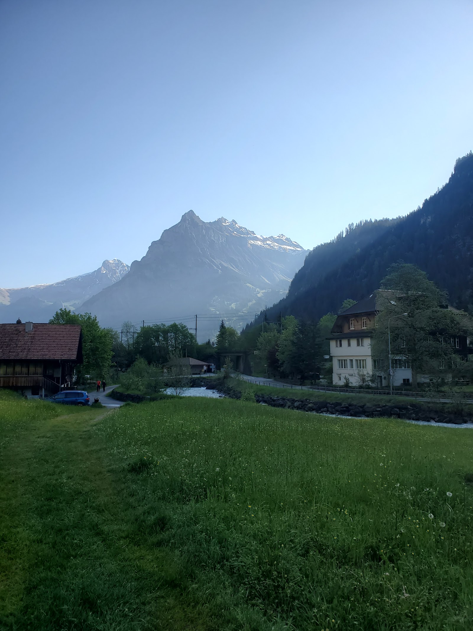 Snow covered chalets and church in the Kandersteg valley