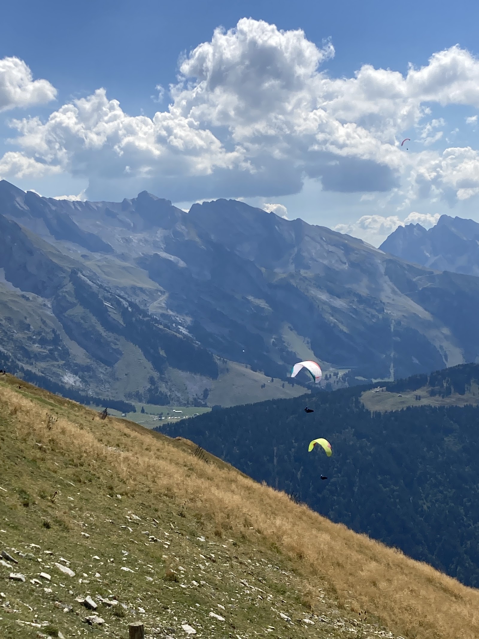 Skiers on a sunny open slope above Le Grand Bornand