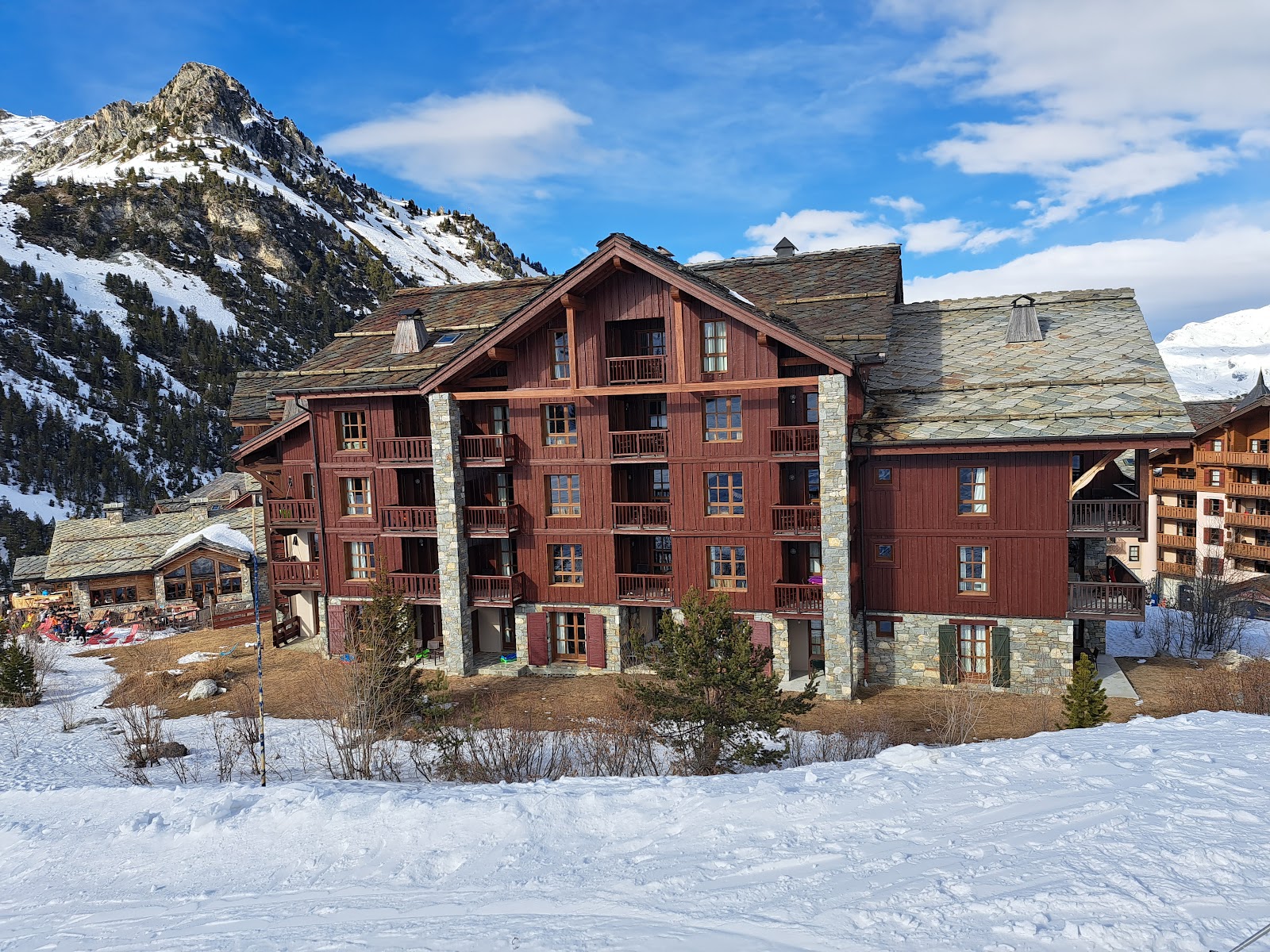 The terraced French ski villages of Les Arcs built into a snowy mountainside