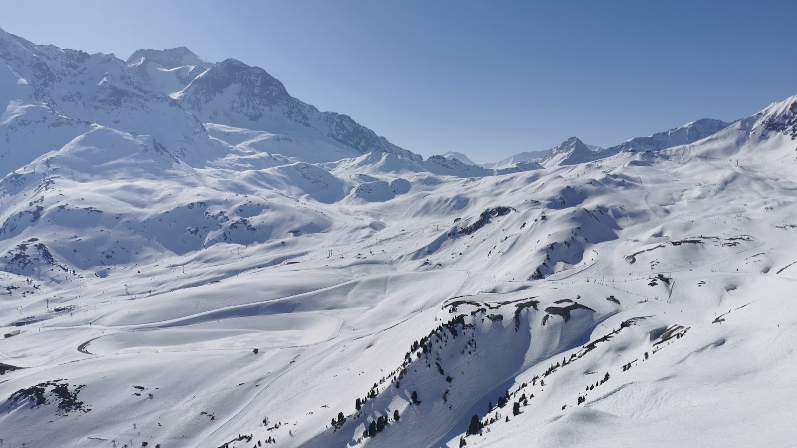 Skiers on a tree lined piste in fresh snow