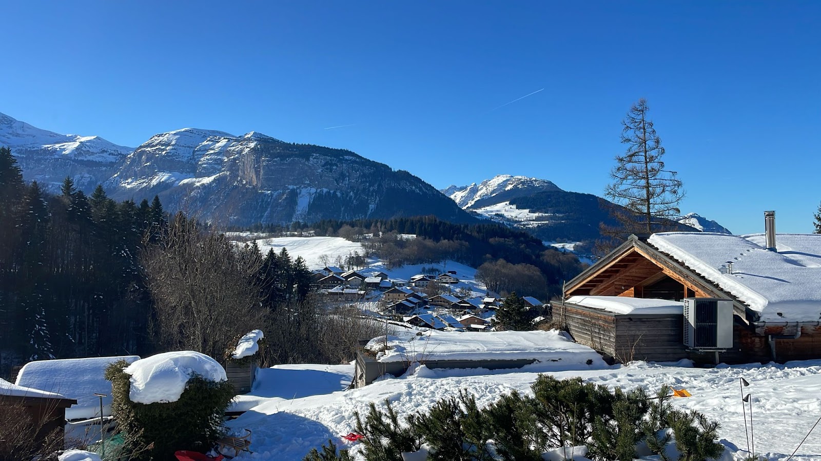 Tree lined pistes above Les Carroz in the Grand Massif