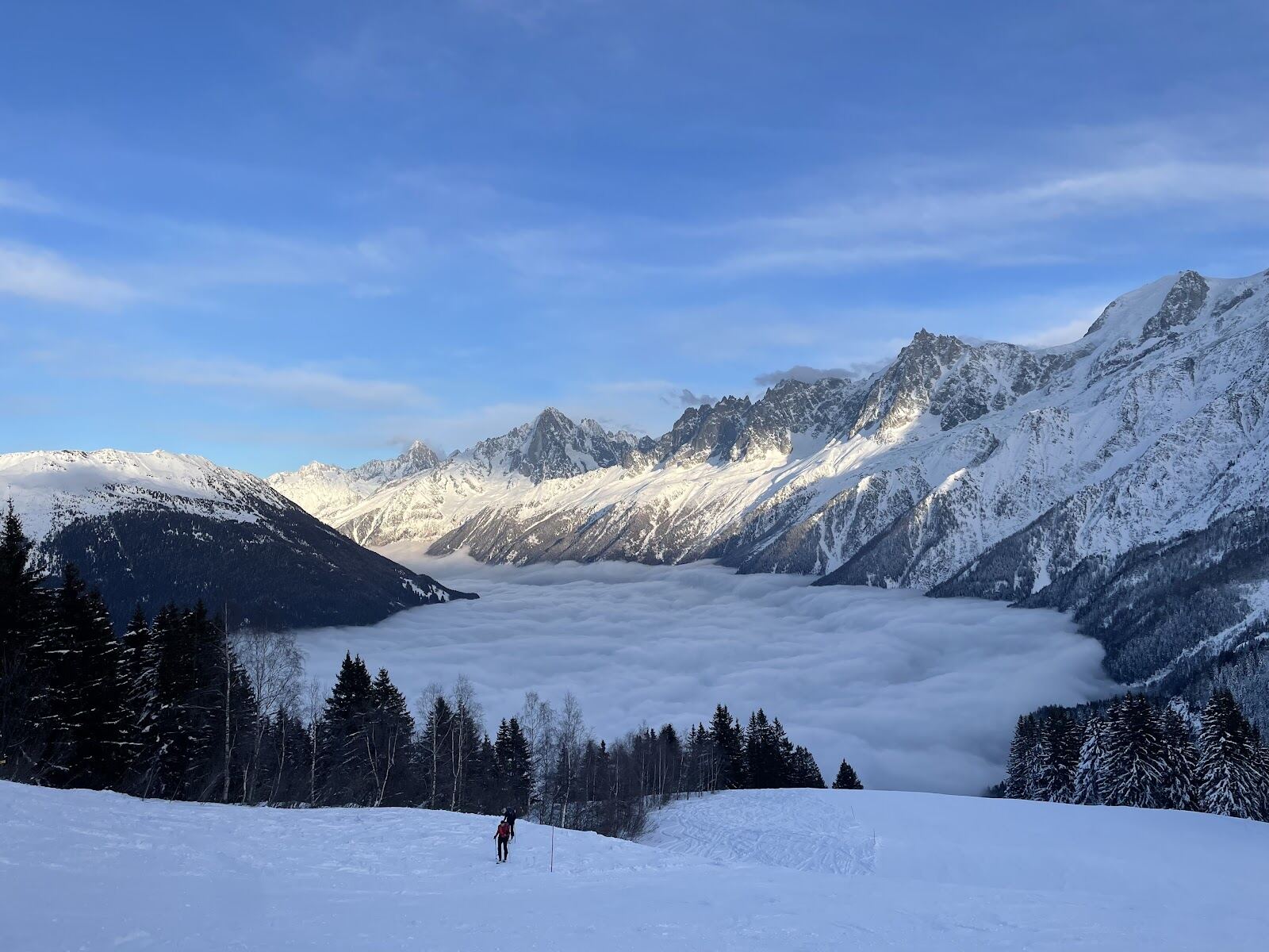 Tree lined ski slopes of Les Houches with the Mont Blanc massif behind