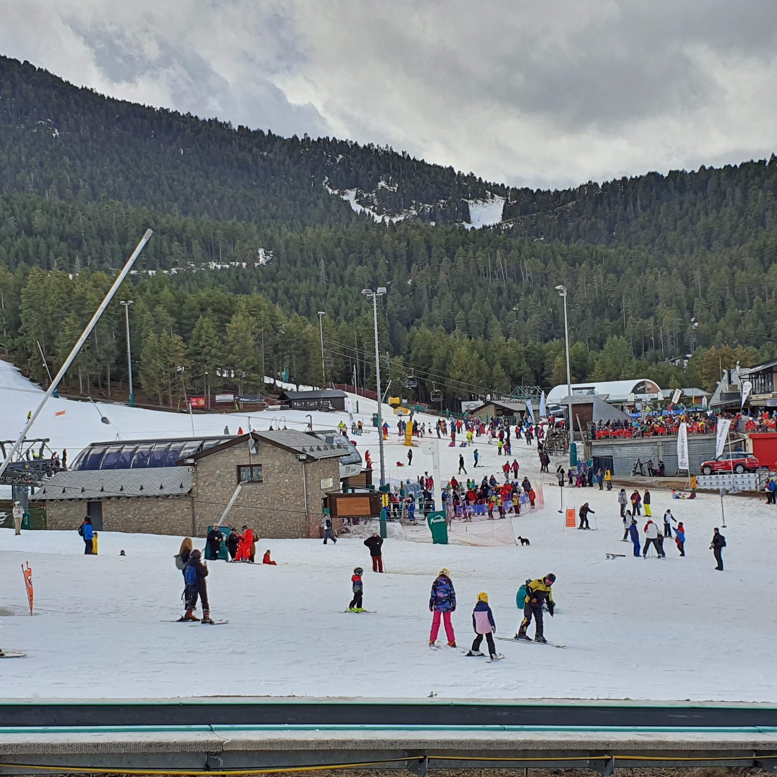 Snow covered pine forest framing a Masella chairlift