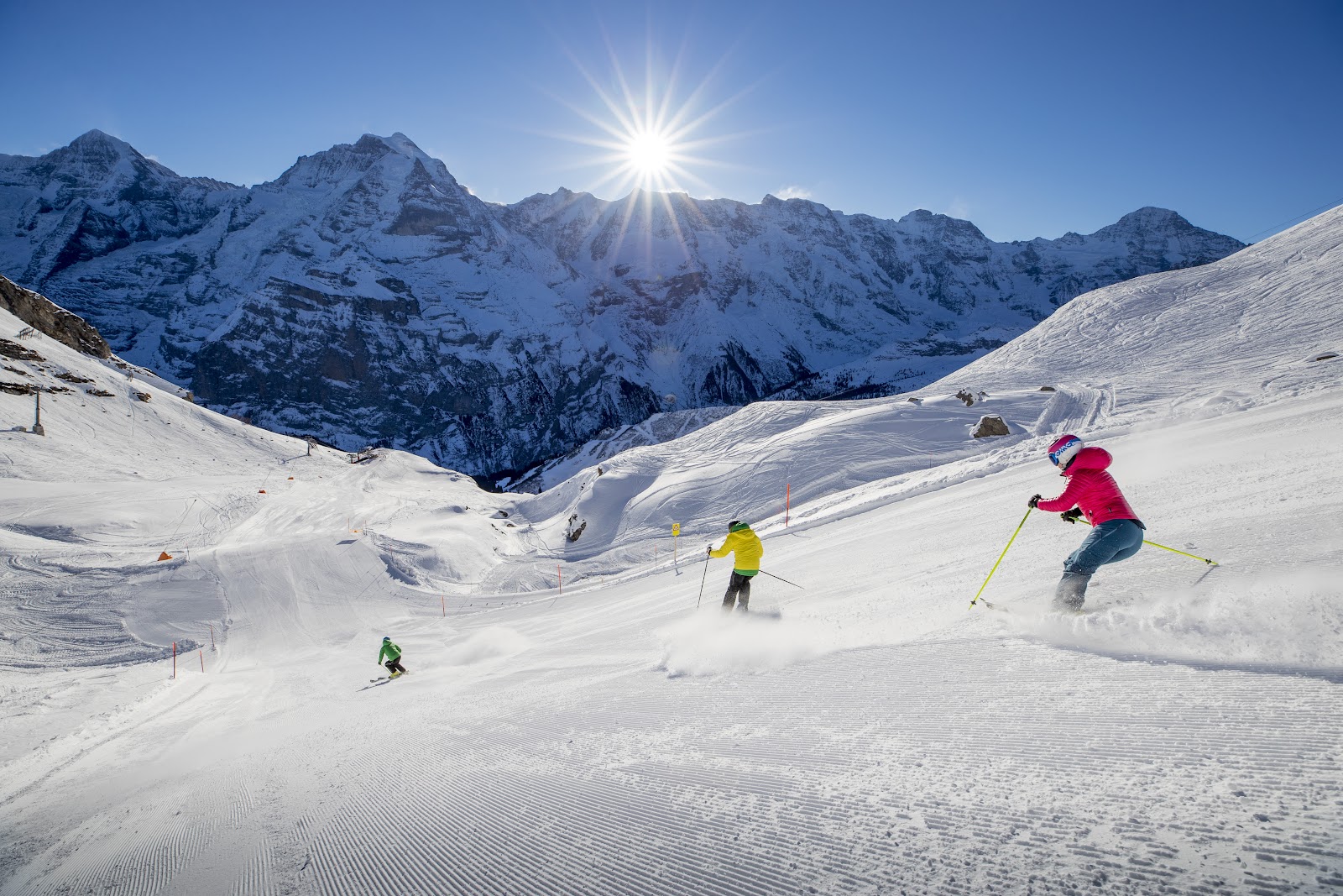 The car free village of Murren on its cliff terrace facing the Eiger Monch and Jungfrau