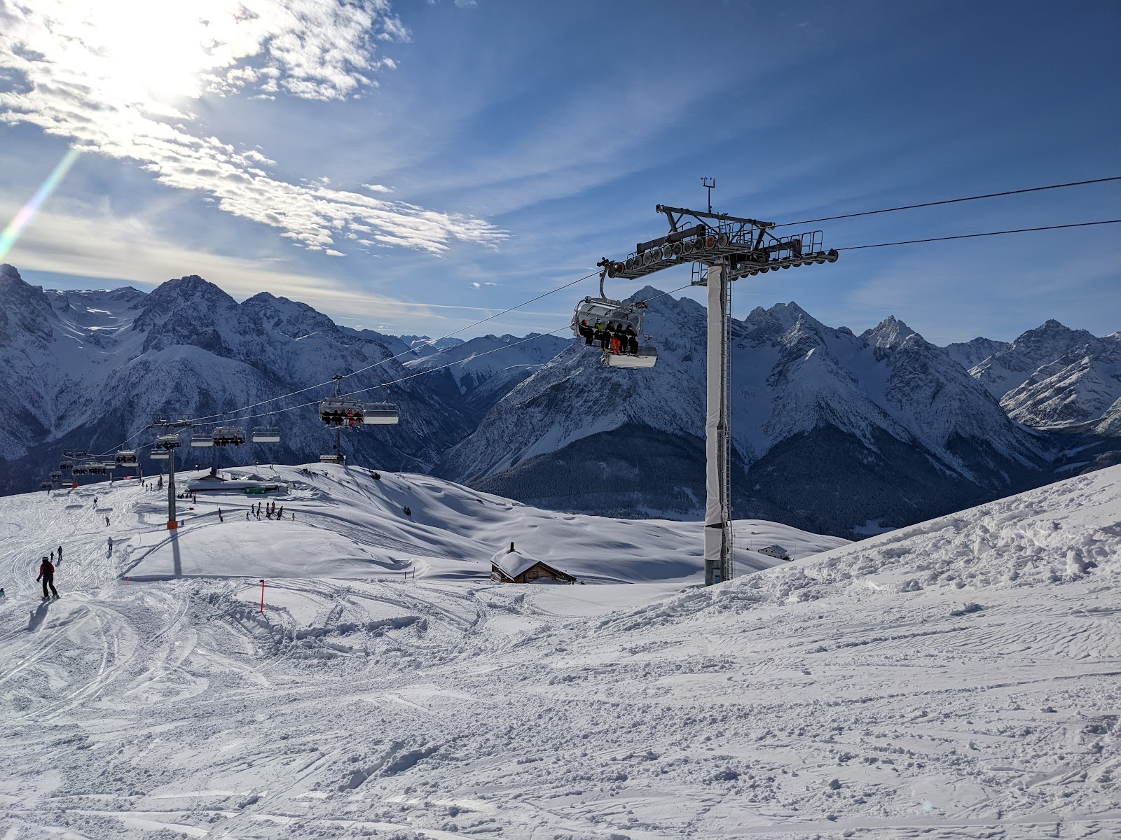 Snowy Lower Engadine valley and peaks around Scuol