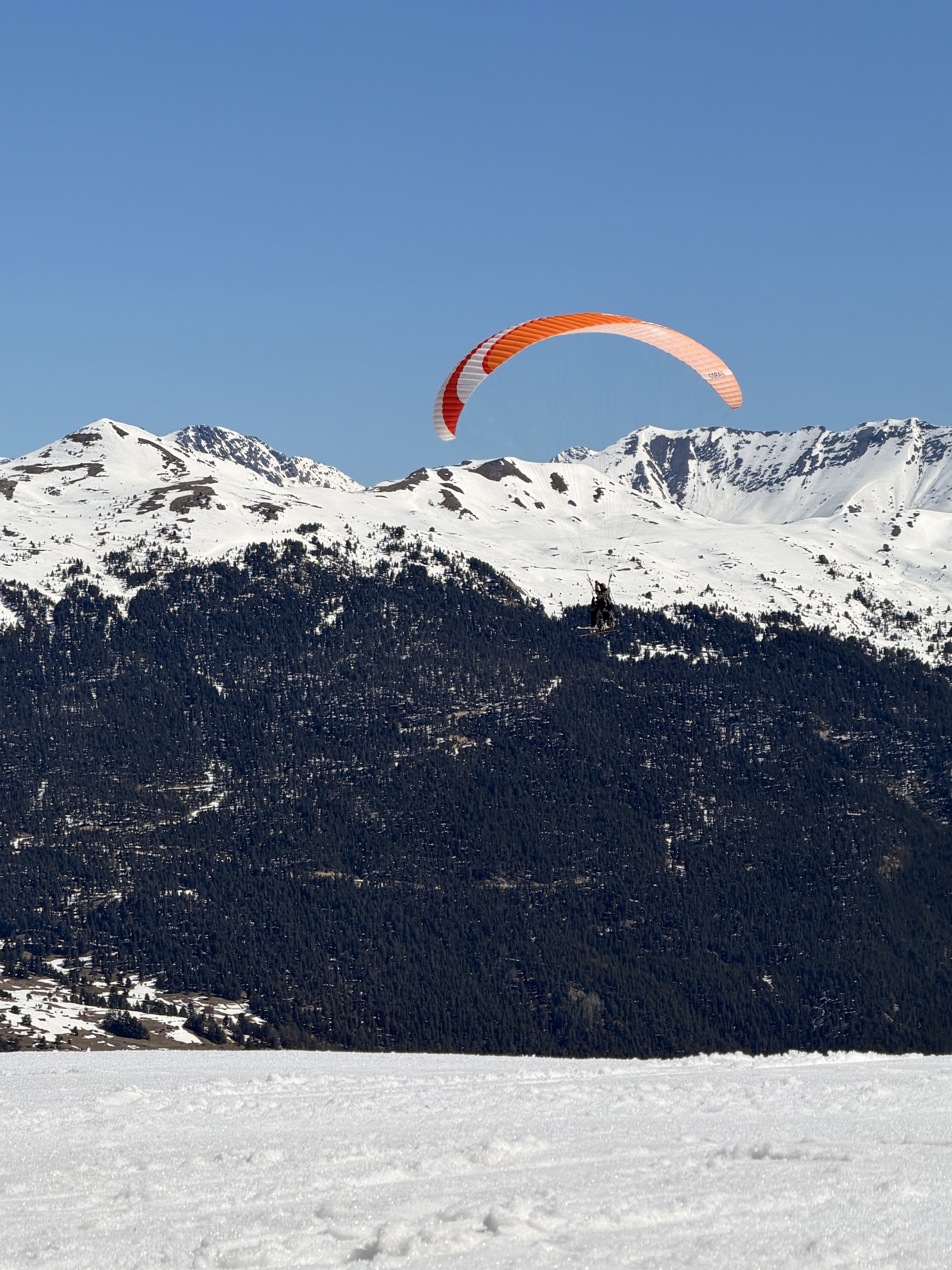 A skier on a wide sunny red run high above the Serre Chevalier valley