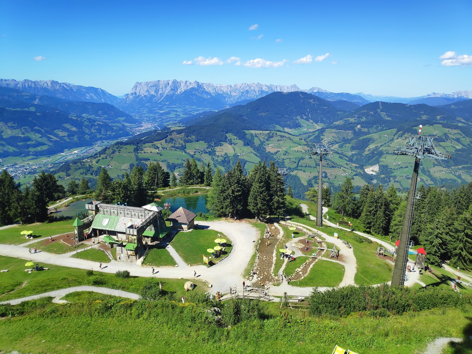 A sunny mountain hut terrace on the Ski amade slopes near St Johann