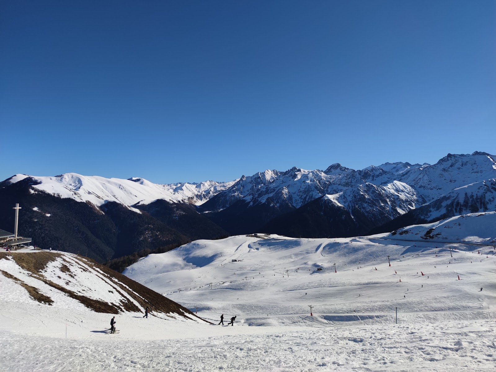 Sunny groomed pistes on the balcony of Superbagneres