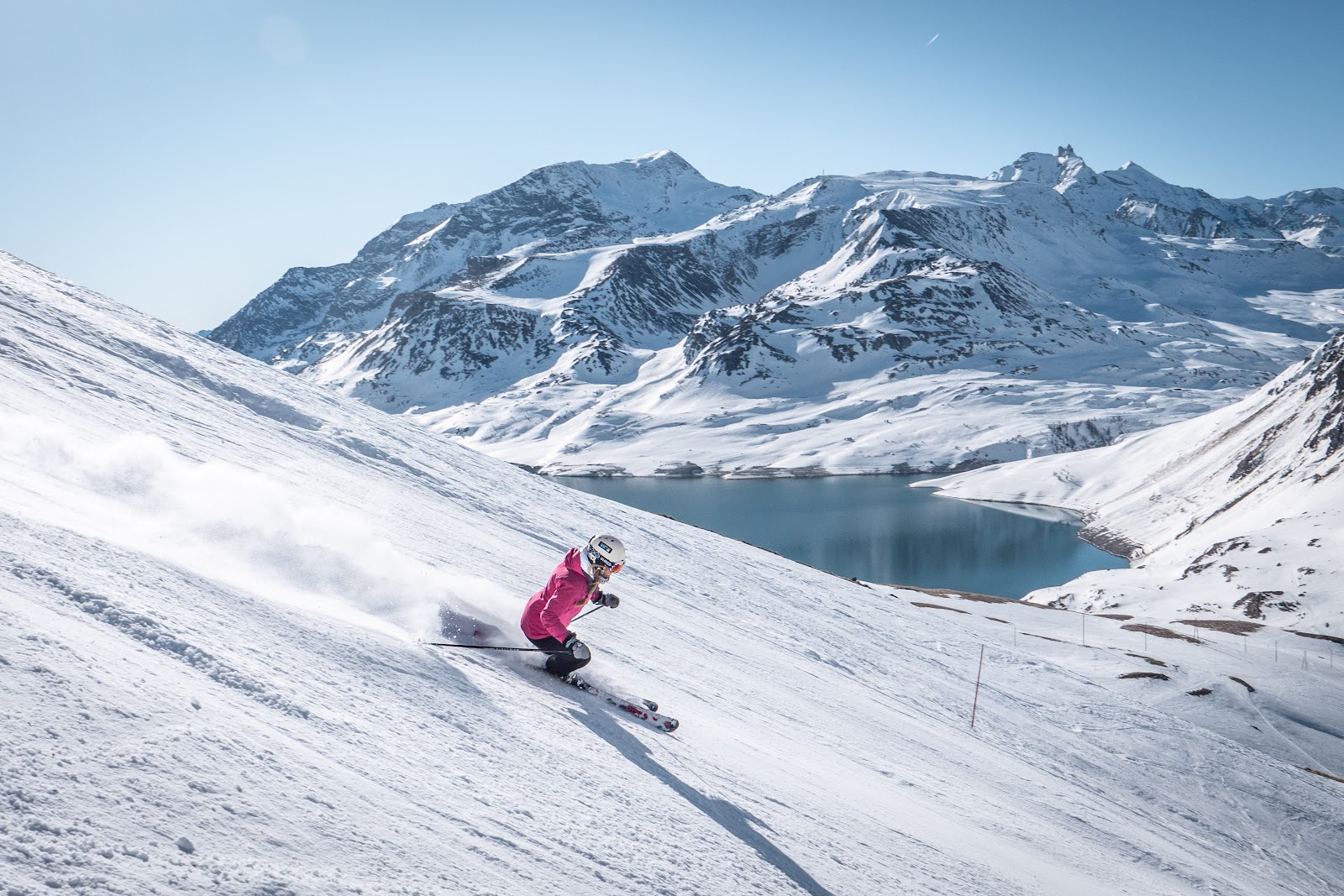Wide sunny groomed pistes above Val Cenis in the Haute Maurienne