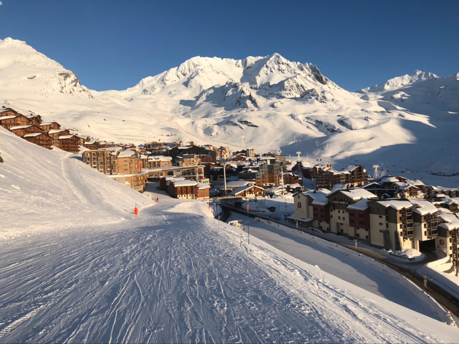 The high altitude resort of Val Thorens surrounded by deep snow and ski slopes